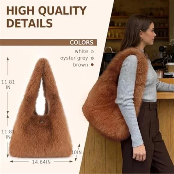 Faux Fur Purses for Women Winter Fluffy Bag Large Capacity Fuzzy Purse Cute - Picture 2 of 5